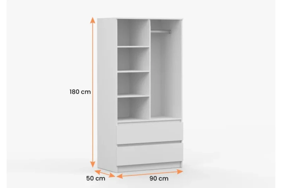 Weißer Kleiderschrank Maße 180x90x50 cm, Innenansicht mit Fächern und Kleiderstange.