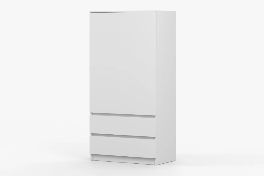 Zweitüriger weißer Kleiderschrank mit Schubladen, modernes Design für das Schlafzimmer.