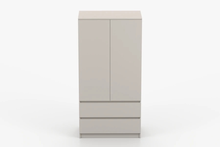 Moderner Kleiderschrank in Beige mit 2 Türen und 2 Schubladen, Frontalansicht.