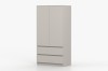 Zweitüriger beige Kleiderschrank mit Schubfächern, perspektivische Seitenansicht rechts.