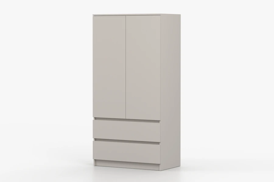 Zweitüriger beige Kleiderschrank mit Schubfächern, perspektivische Seitenansicht rechts.