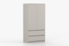 Beige Kleiderschrank mit zwei Türen und Schubladen, Seitenansicht von links.