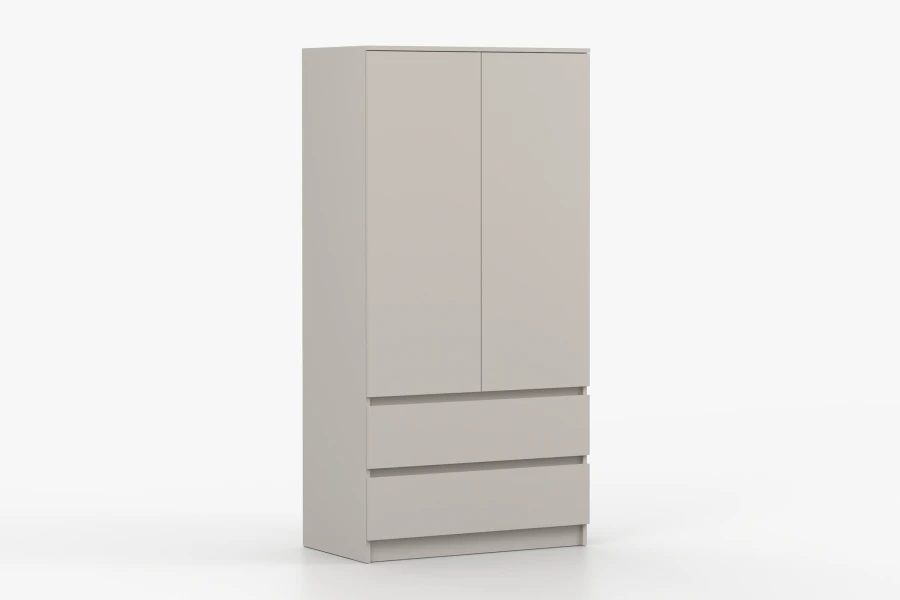 Beige Kleiderschrank mit zwei Türen und Schubladen, Seitenansicht von links.