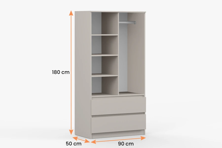 SIMO Kleiderschrank (90x180 cm) Innenansicht mit Kleiderstange, vier Regalfächern und zwei Schubladen.