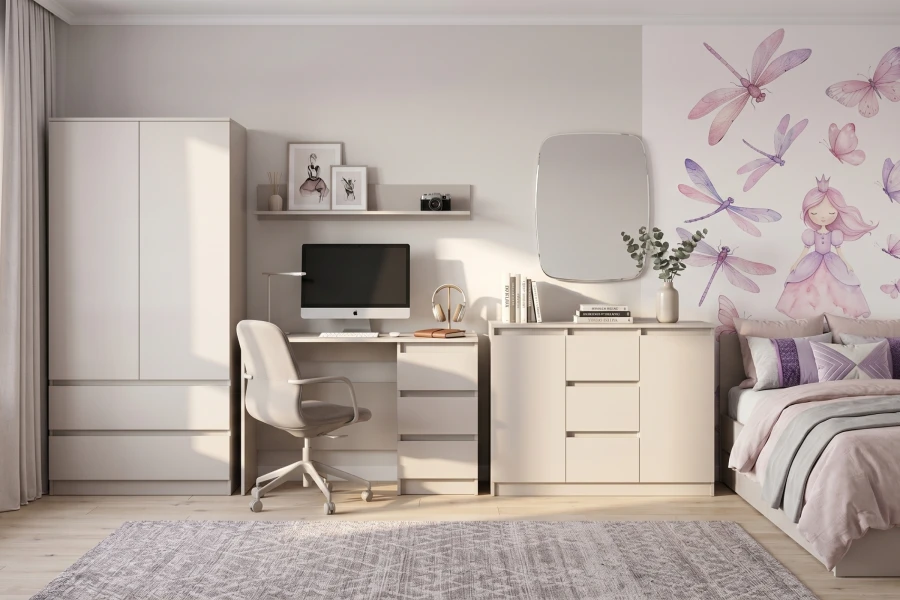 Modernes Jugendzimmer-Set in Beige mit Bett, Schreibtisch und Kleiderschrank.