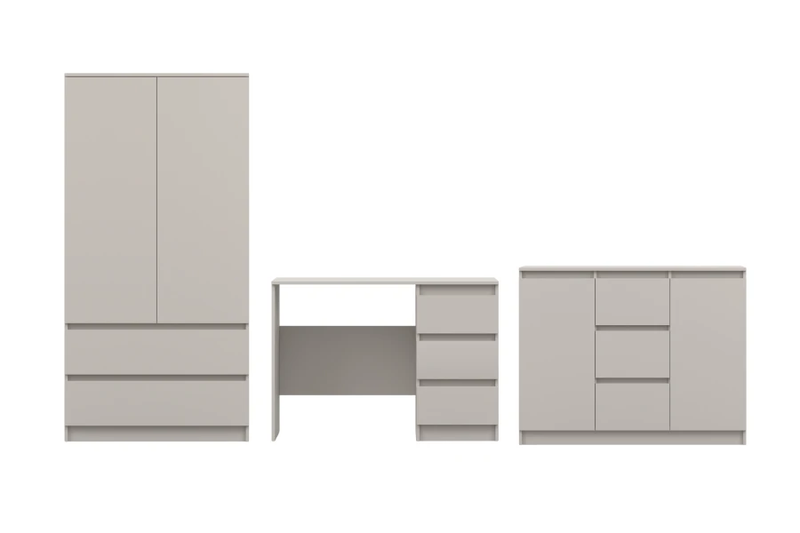 Beiges Möbelset bestehend aus Kleiderschrank, Schreibtisch und Kommode auf weißem Grund.