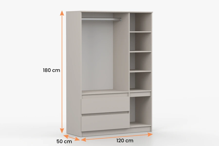 Innenansicht Kleiderschrank 120x180x50 cm mit Kleiderstange und Regalfächern.