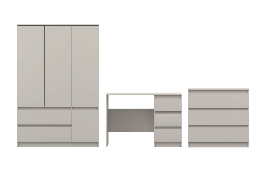 3-teiliges Möbelset bestehend aus Kleiderschrank, Schreibtisch und Kommode in Beige.