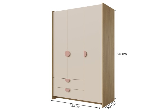 Dreitüriger Kleiderschrank der Lexo Kollektion mit Maßen: 123x198x60 cm für das Kinderzimmer.