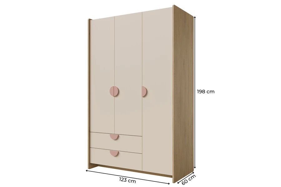 Dreitüriger Kleiderschrank der Lexo Kollektion mit Maßen: 123x198x60 cm für das Kinderzimmer.