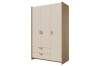 Dreitüriger Kleiderschrank in Creme und Eiche mit rosa Griffen für das Kinderzimmer.