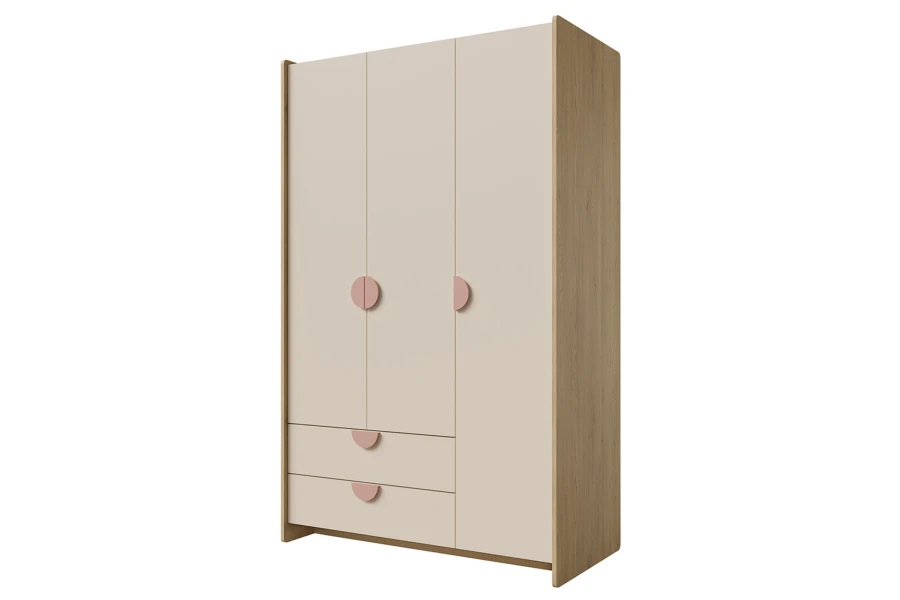 Dreitüriger Kleiderschrank in Creme und Eiche mit rosa Griffen für das Kinderzimmer.