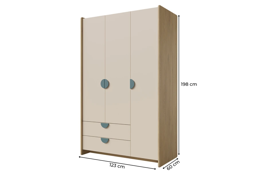 Dreitüriger Kleiderschrank in Beige und Eiche mit Maßen 123x198x60 cm für das Kinderzimmer.