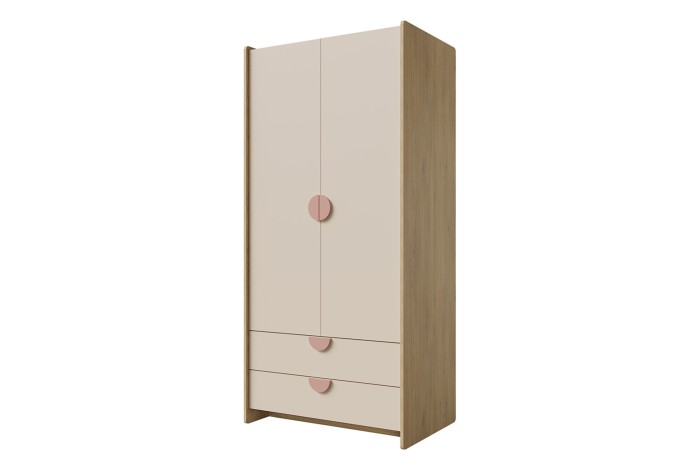 Beiger Kleiderschrank mit rosa Griffen aus der Lexo Möbelserie.