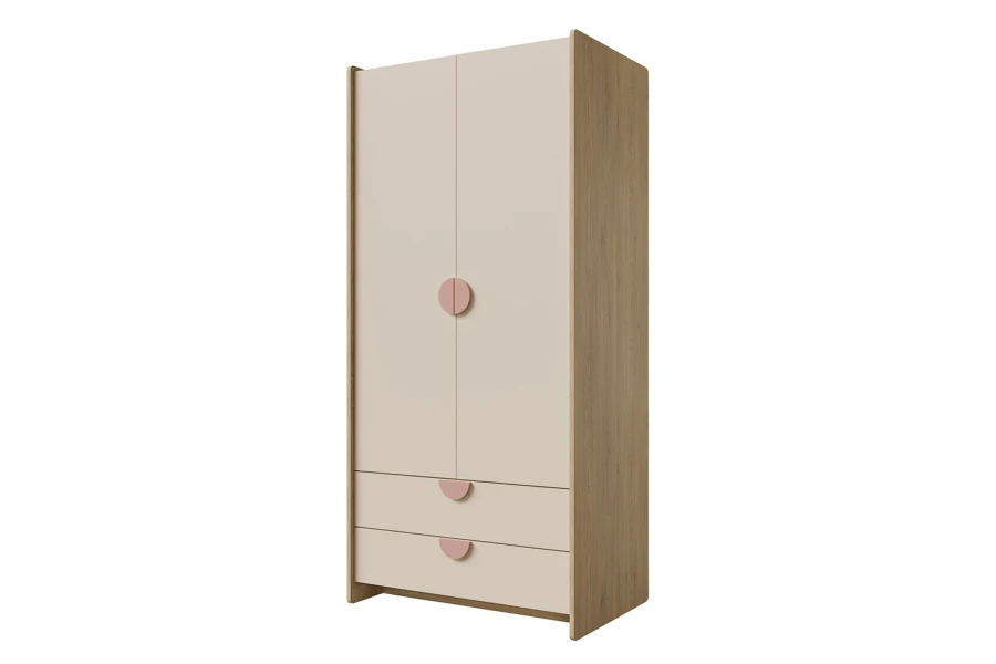 Beiger Kleiderschrank mit rosa Griffen aus der Lexo Möbelserie.