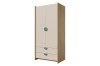 Moderner Kleiderschrank der Lexo Serie in Eiche-Optik und Beige mit blauen Griffen.