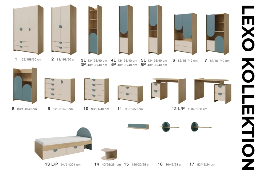 Gesamtübersicht der Lexo Möbelkollektion mit Schränken, Regalen, Schreibtisch und Bett inklusive Maßen.