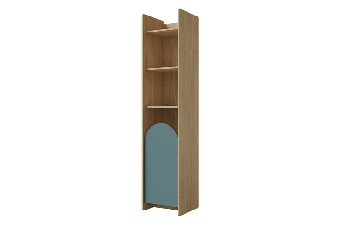 Schmales Lexo Regal mit drei offenen Fächern und einer blauen Tür in modernem skandinavischem Design.