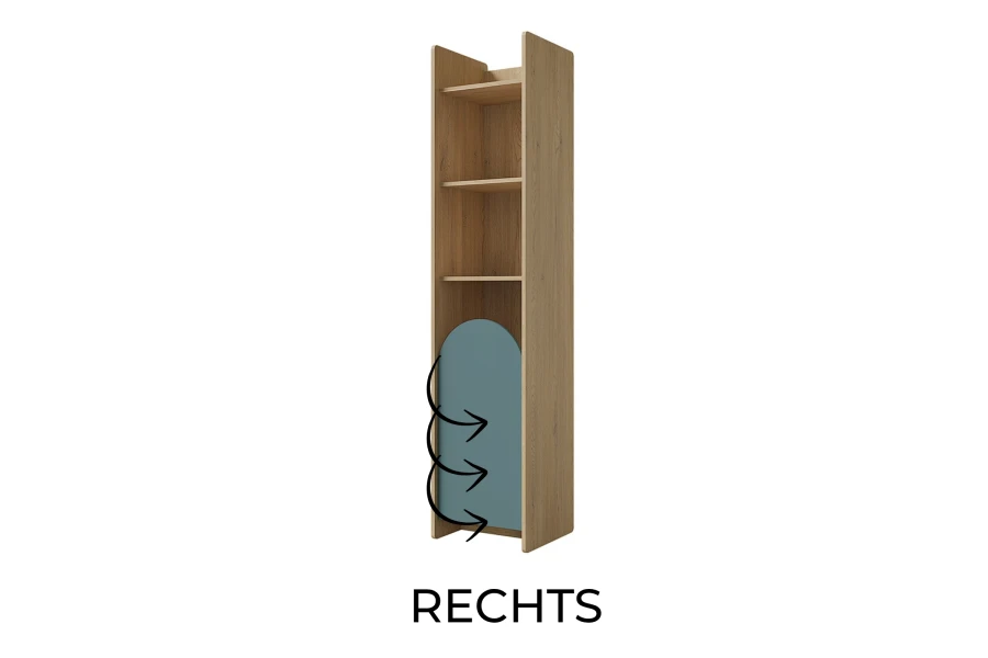 Schmales Standregal in Eichenoptik mit blauer Bogentür, Anschlag rechts für das Kinderzimmer.