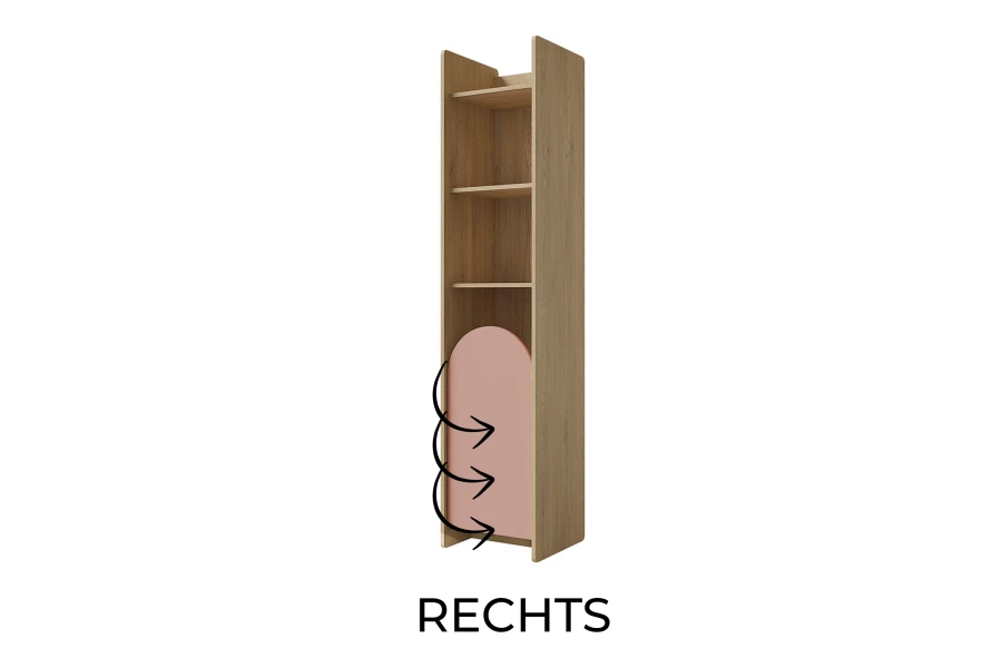 Schmales Kinderregal aus Holz mit rosa Bogentür, Öffnungsrichtung rechts.