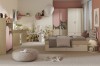 Komplettes Kinderzimmer-Set in Eiche-Optik und Rosa mit Bett und Schreibtisch.