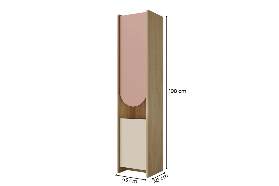 Schmaler Lexo Schrank mit rosa und beigen Türen, Maße 198 cm hoch, 43 cm breit und 40 cm tief.