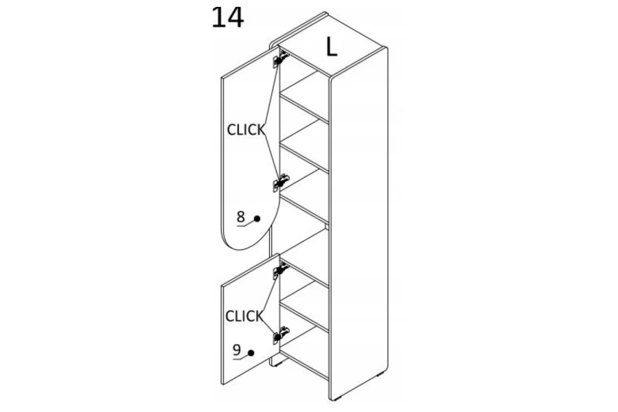 Montageanleitung für schmalen Schrank mit Klick-Scharnieren.