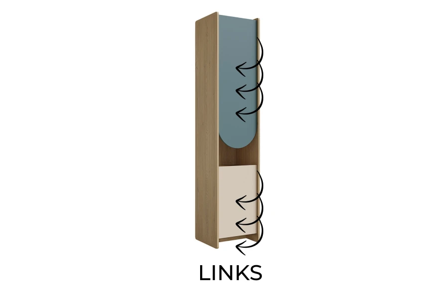 Lexo Schrank in schmaler Ausführung mit Türanschlag auf der linken Seite.