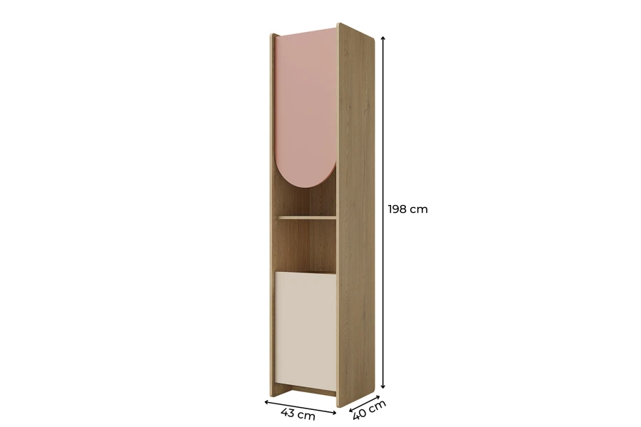 Hohes Standregal in Eiche-Optik mit rosa Tür und Maßen 198 x 43 x 40 cm.