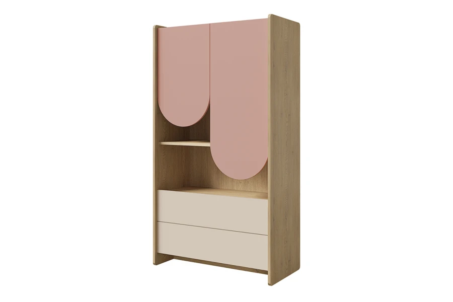 Stilvolles Lexo Highboard in Eiche-Optik mit dekorativen rosa Türelementen für Kinder.