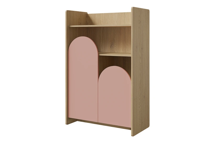 Kompaktes Kinderregal aus hellem Holz mit zwei unterschiedlich hohen rosa Bogentüren.