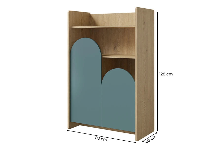 Lexo Kinderregal mit blauen Türen in Bogenform, Maße: 83 cm x 128 cm x 40 cm, Eichen-Optik.