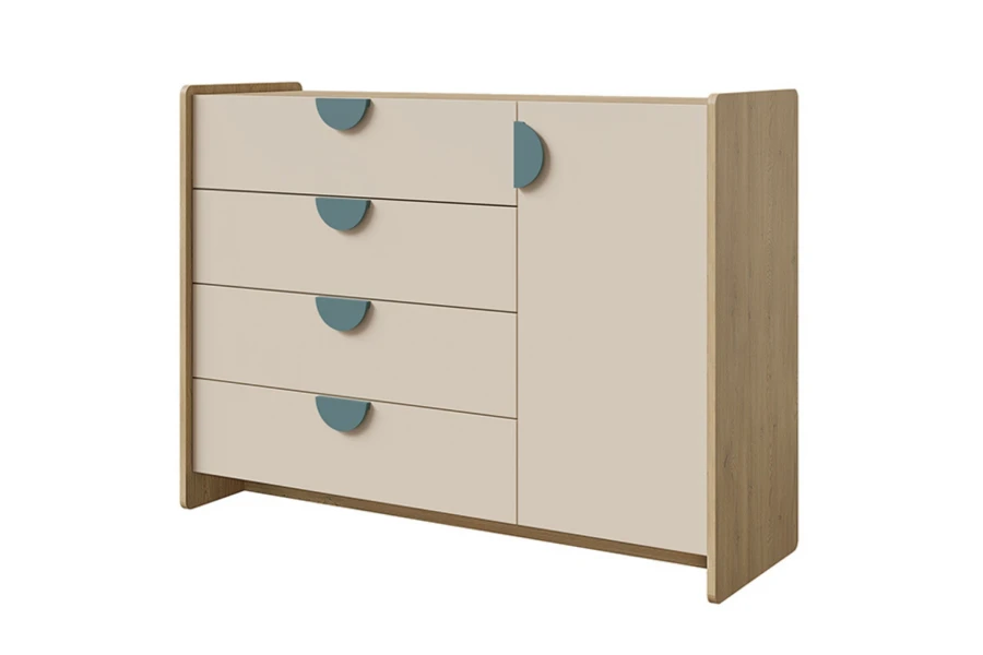 Lexo Kommode in Eiche-Optik und Beige mit vier Schubladen und stilvollen blauen Akzenten.