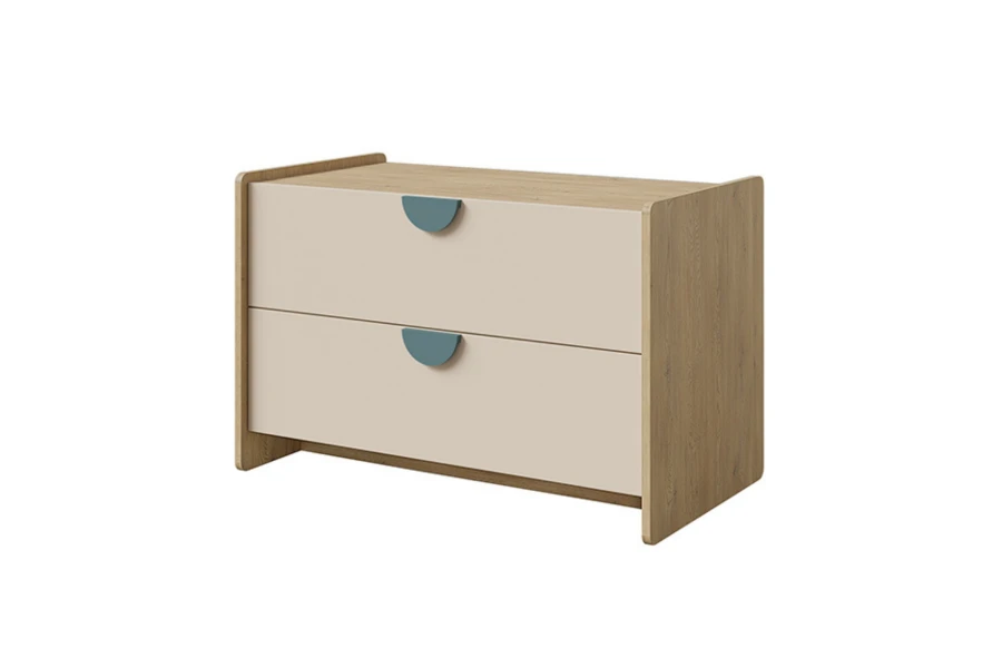 Lexo Kommode mit zwei Schubladen, beige Fronten und blauen Griffen