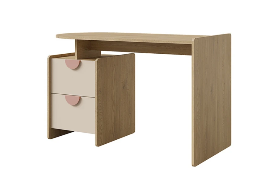Moderner Schreibtisch für Kinder mit Stauraum in Eiche und Creme, ideal für Hausaufgaben.
