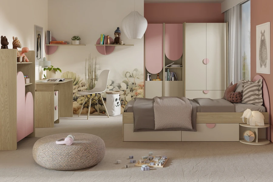 Mädchenzimmer-Möbelset in Beige und Rosa mit Bett, Kleiderschrank und Schreibtisch.