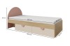 Einzelbett für Kinder in Holzoptik mit rosa Kopfteil, Schubladen und detaillierten Maßangaben.