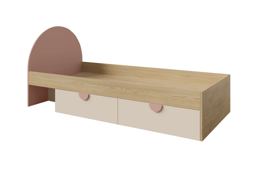 Kinderbett aus Eichenholz mit halbrundem rosa Kopfteil und Bettkasten-Schubladen