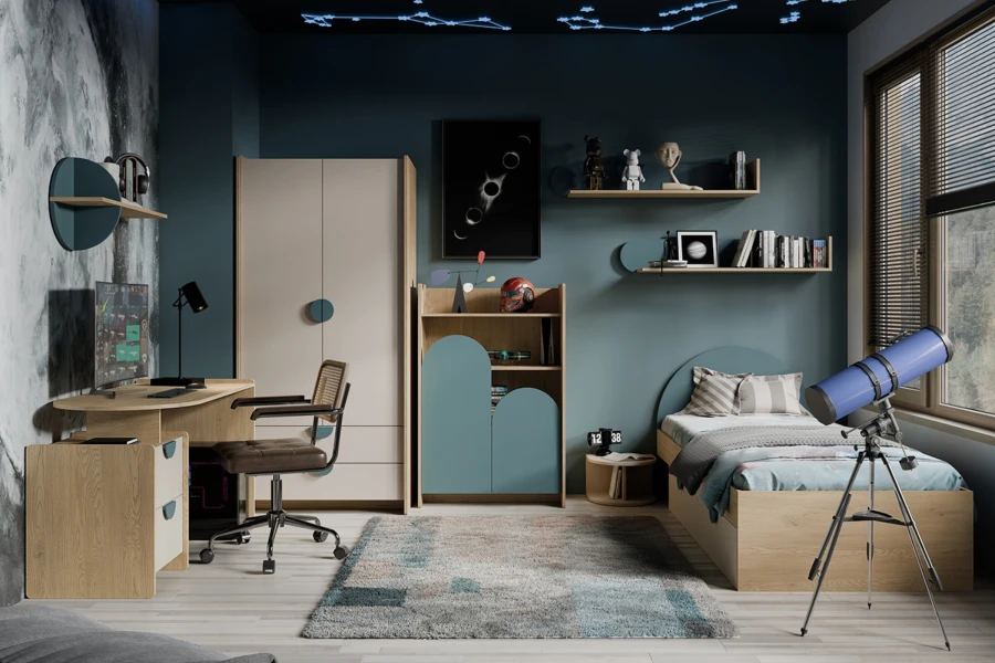 Dunkles Jugendzimmer im Weltraum-Design mit Teleskop, Sternenhimmel-Deko und modernen Holzmöbeln.