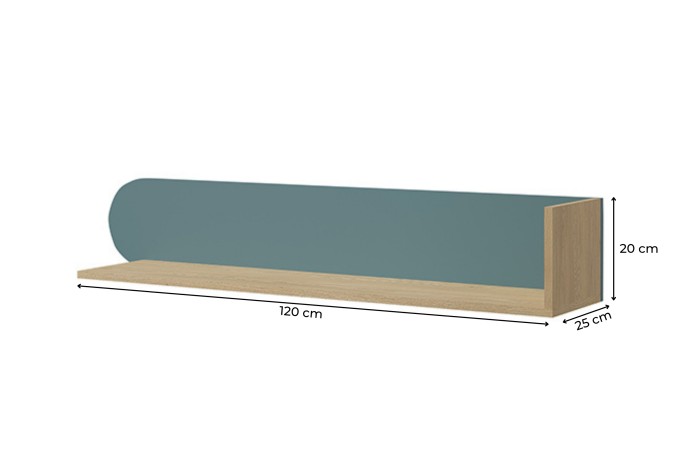 Wandregal aus Holz mit blauem Akzent und Maßen: 120 cm Breite, 20 cm Höhe, 25 cm Tiefe.