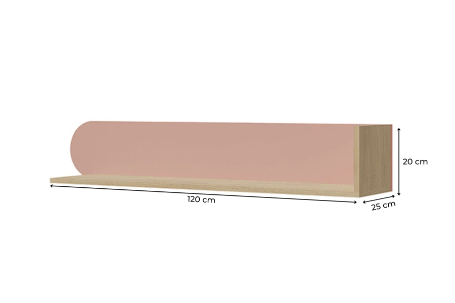 Wandregal in Eiche-Optik mit rosa Akzent, 120 cm breit, ideal für das Kinder- oder Jugendzimmer.