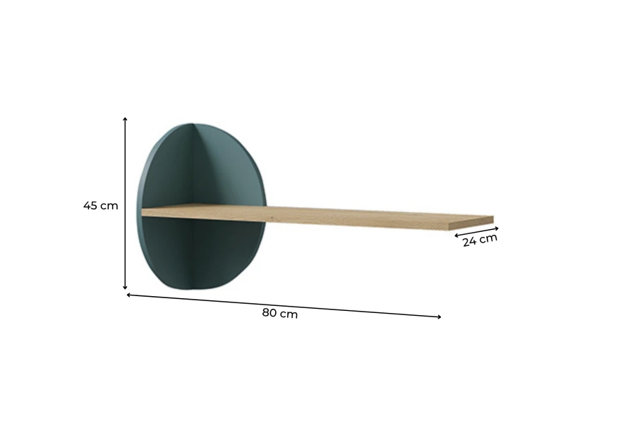 Wandregal Maße: 80x45x24 cm, Farbkombination Eiche und Dunkelgrün.