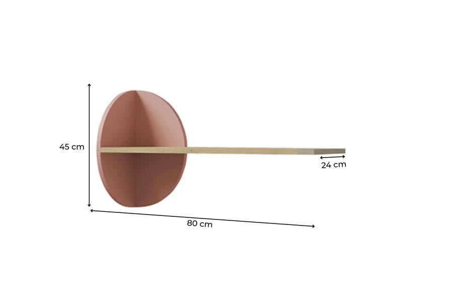 Abmessungen des Lexo Wandregals: 80x45x24 cm, modernes Design in Holz und Rosa.