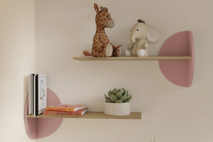Wandregale für Kinderzimmer mit rosa Akzenten, Stofftieren und Büchern.