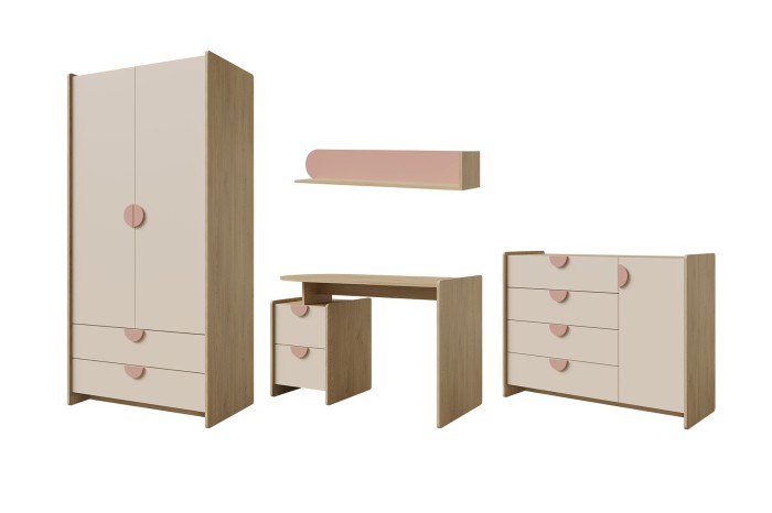 Komplettes Kinderzimmermöbel-Set mit Schrank, Schreibtisch und Kommode.