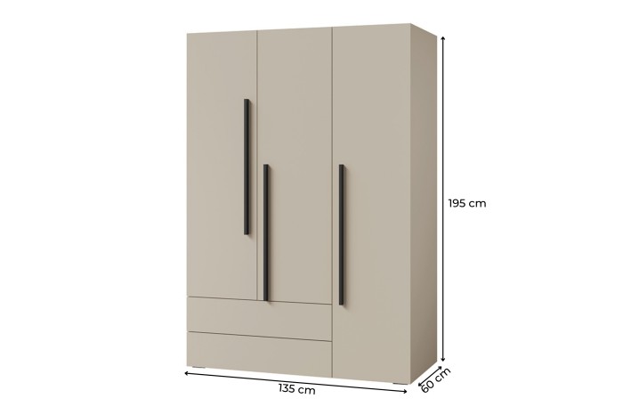 Beiger Kleiderschrank 3-türig mit zwei Schubladen und Maßen: 135 x 195 x 60 cm.