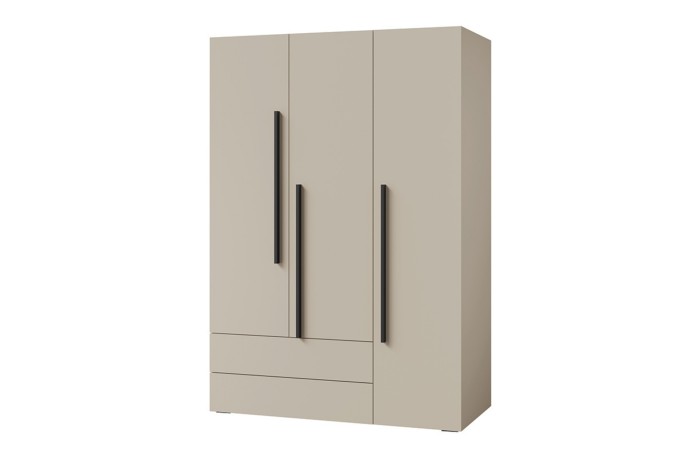 Moderner 3-türiger Kleiderschrank in Beige mit zwei Schubladen und langen schwarzen Griffen.