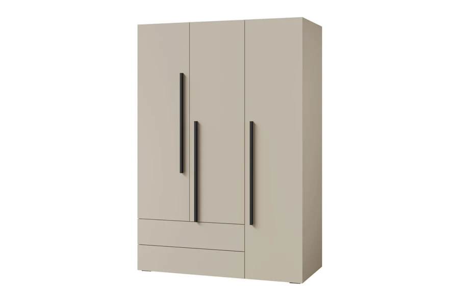 Moderner 3-türiger Kleiderschrank in Beige mit zwei Schubladen und langen schwarzen Griffen.