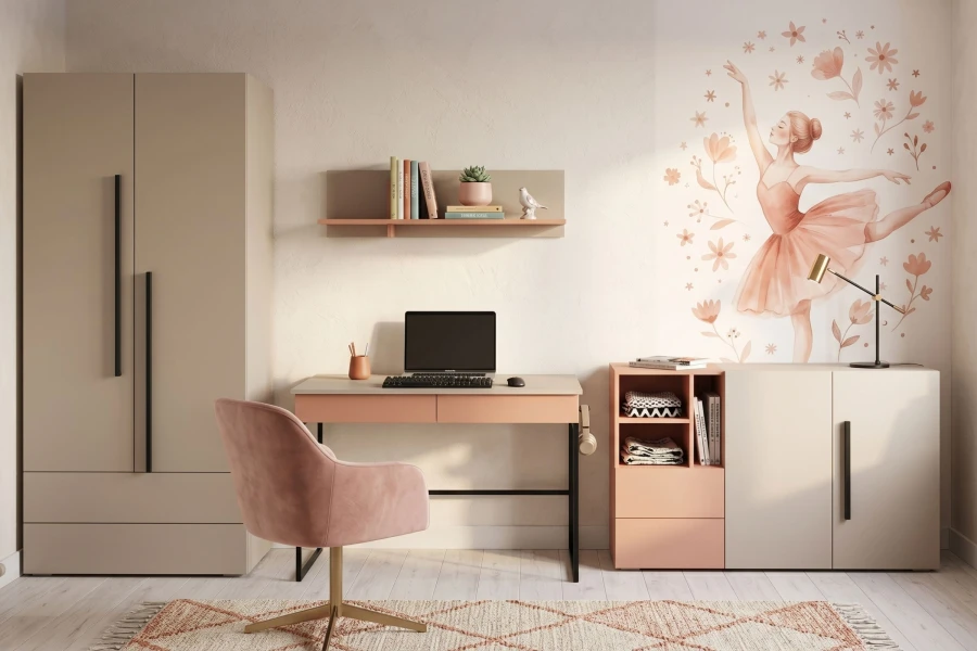 Stilvolles Jugendzimmer in Rosa und Beige mit Ballerina-Wandsticker und funktionalen Möbeln.