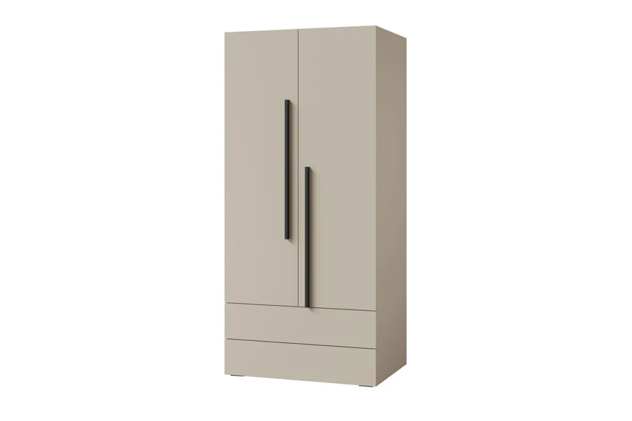 Beiger zweitüriger Kleiderschrank mit zwei Schubladen und langen schwarzen Griffstangen.